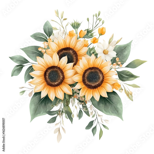 Beautiful watercolor sunflower bouquet with green leaves and small white flowers isolated on transparent background