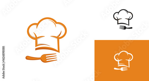 Chef Hat and Fork Icon in Orange Outline Style.