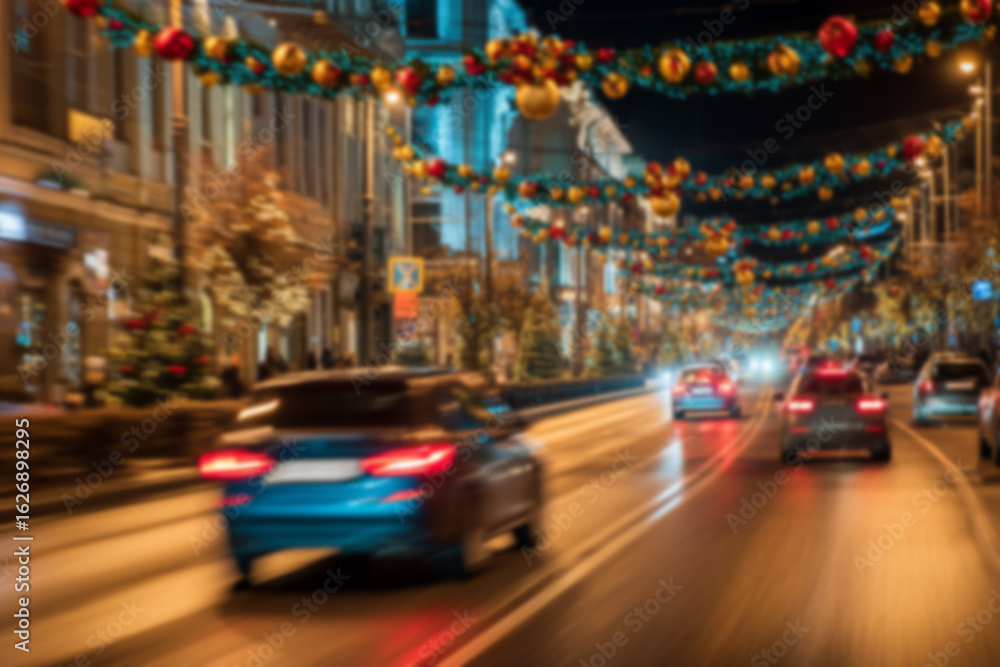 Obraz premium Blurred background of cars driving down street decorated with Christmas lights and festive ornaments, glowing garlands hanging above road, evening scene with warm colorful lighting.