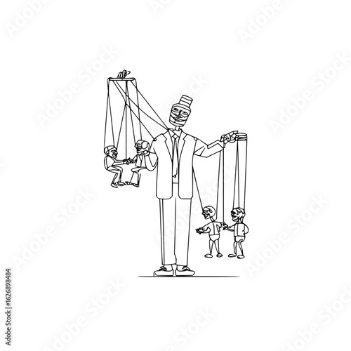 A monochrome drawing depicting a man controlling smaller figures like puppets with strings attached to them