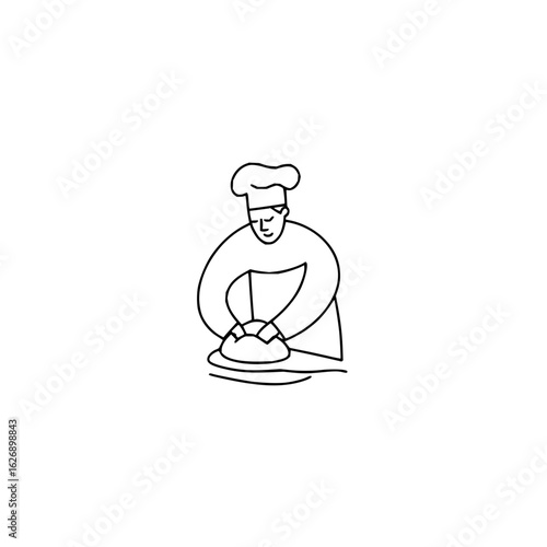 Chef kneading dough with a toque in a simple line drawing style on a white background image design