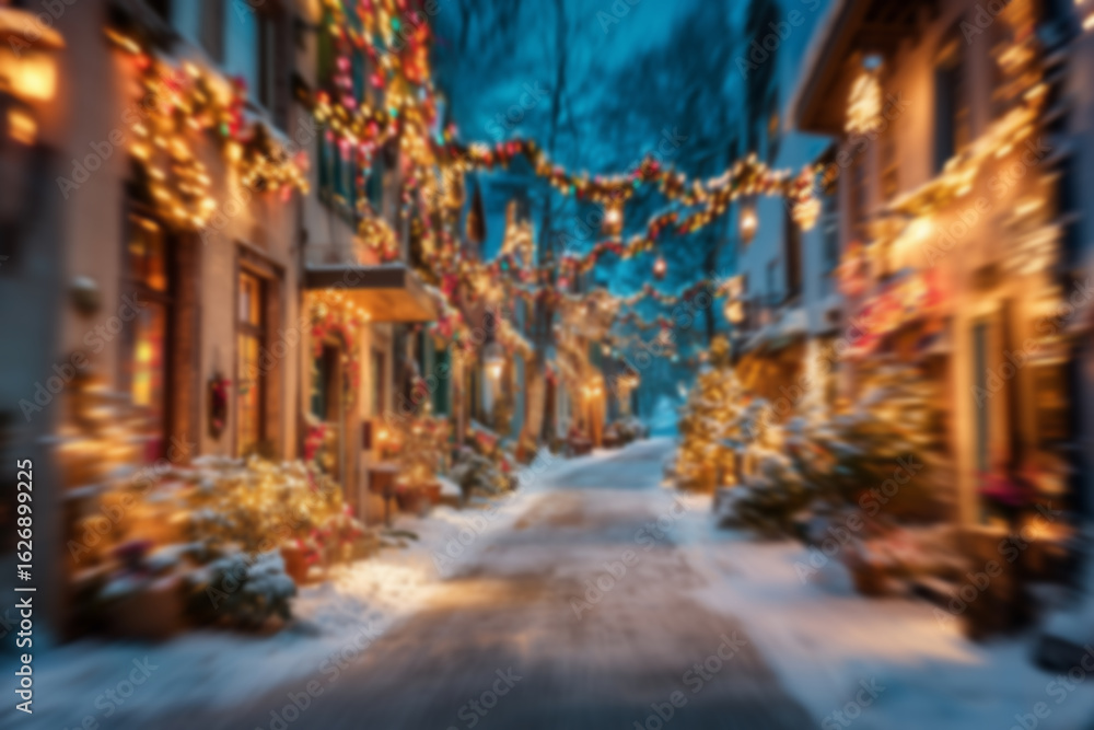 Fototapeta premium Blurred background with cozy streets and houses decorated for Christmas with colorful lights, wreaths, garlands, and glowing ornaments, snowy ground setting a warm festive atmosphere in the evening.