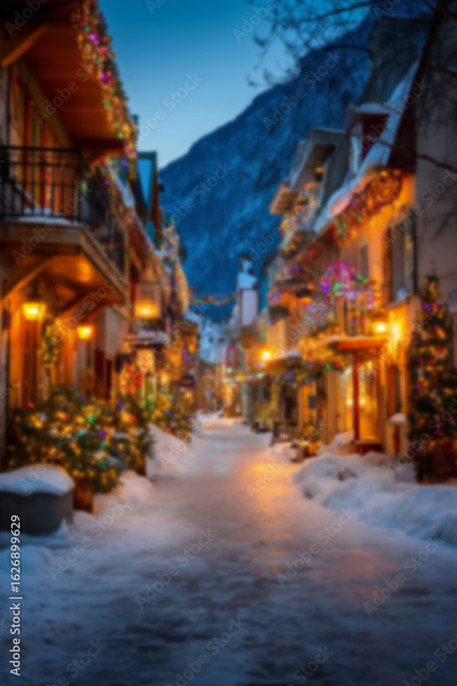 Fototapeta premium Blurred background with cozy streets and houses decorated for Christmas with colorful lights, wreaths, garlands, and glowing ornaments, snowy ground setting a warm festive atmosphere in the evening.
