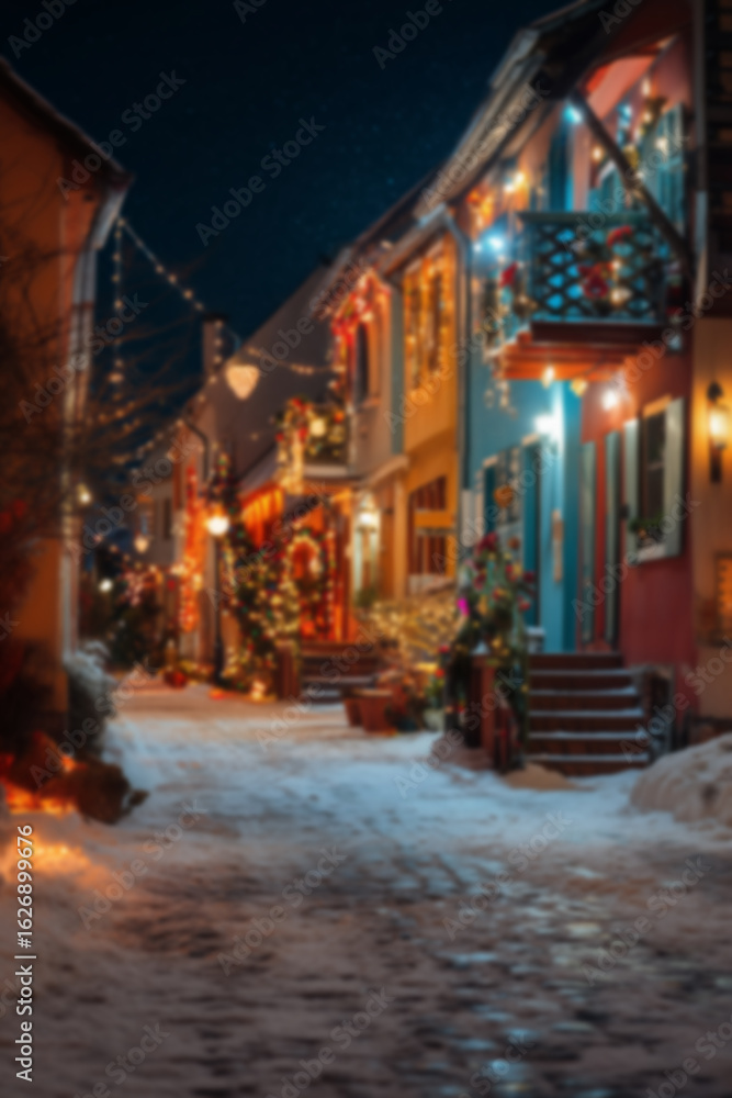 Fototapeta premium Blurred background with cozy streets and houses decorated for Christmas with colorful lights, wreaths, garlands, and glowing ornaments, snowy ground setting a warm festive atmosphere in the evening.