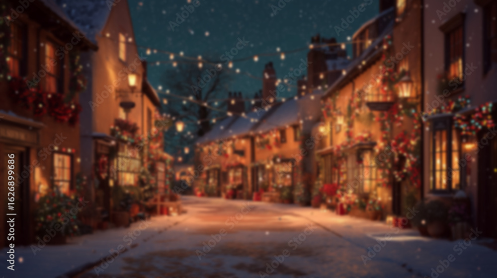 Fototapeta premium Blurred background with cozy streets and houses decorated for Christmas with colorful lights, wreaths, garlands, and glowing ornaments, snowy ground setting a warm festive atmosphere in the evening.