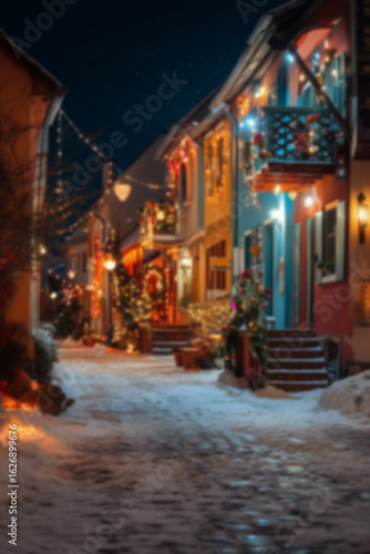 Blurred background with cozy streets and houses decorated for Christmas with colorful lights, wreaths, garlands, and glowing ornaments, snowy ground setting a warm festive atmosphere in the evening.
