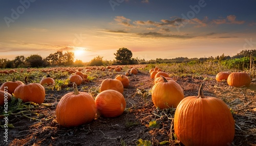 orange pumpkins in a farm field at sunset