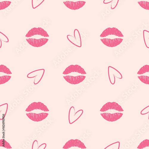 Seamless pattern with pink lipstick kiss marks and hand-drawn hearts on a light background. Perfect for Valentines Day, romantic wrapping paper, greeting cards, and love designs.