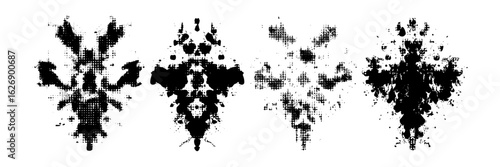 Grunge punk Rorschach inkblot test with halftone texture. Distressed abstract ink stains and geometric glitch shapes form symmetrical vector art. Ideal for psychological, psychiatric