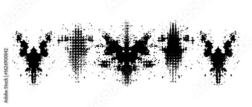 Symmetrical Rorschach inkblot test rendered in halftone dither dot texture. Abstract geometric glitch stains with distressed grunge punk style. Vector illustration for psychiatry, psychology