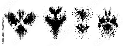 Halftone texture Rorschach inkblot test with symmetrical abstract ink stains. Grunge punk design featuring geometric glitch distressed shapes and dither dot print effect. Vector illustration