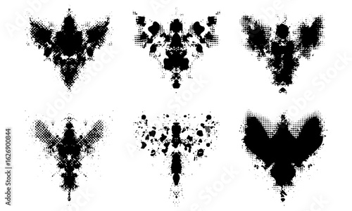 Abstract symmetrical ink stains from Rorschach test with halftone dot texture. Geometric glitch and distressed grunge punk shapes combine in this vector illustration. Psychology