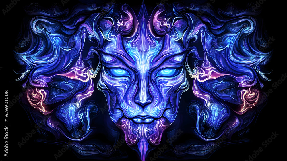 Fototapeta premium Abstract blue lioness face, mystical art, dark background, fantasy illustration