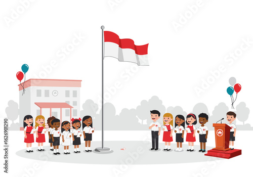 Indonesian Flag Raising Ceremony with School Children.