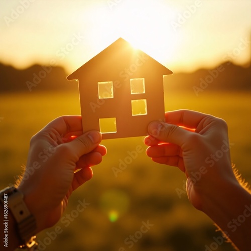 Holding a house silhouette against the setting sun symbolizing home ownership