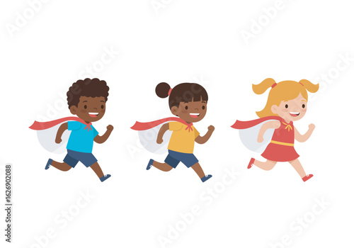 Three Diverse Children Running in Capes.