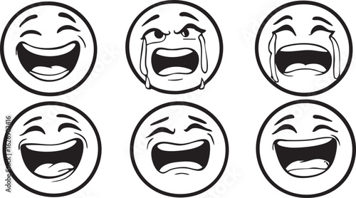 Black and white cartoon illustration of comedy and tragedy masks, a set of smiling and crying theatrical face icons with hair