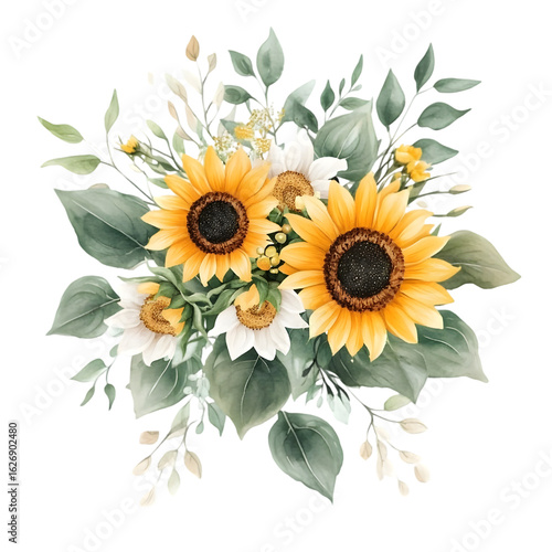 Beautiful watercolor sunflower bouquet with green leaves and white flowers isolated on transparent background