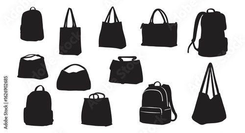 Collection of black silhouette illustrations of various types of bags and backpacks on a white background
