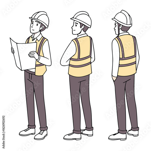 Civil engineer wearing hard hat holding construction project drawing. Character constructor for animation. Front, side and back view set. Body parts, postures, poses collection. Vector illustration.