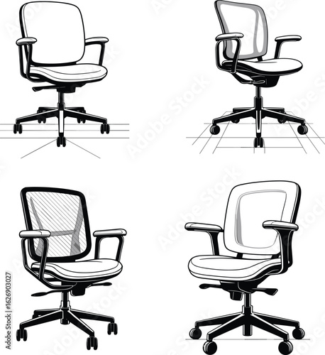 Ergonomic office chair CAD drawing, flat vector illustration, mesh backrest, adjustable features, swivel base, modern design, workspace, productivity, comfort