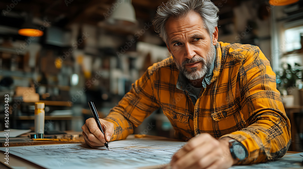 Obraz premium Mature Man Concentrating on Architectural Blueprint in Workshop