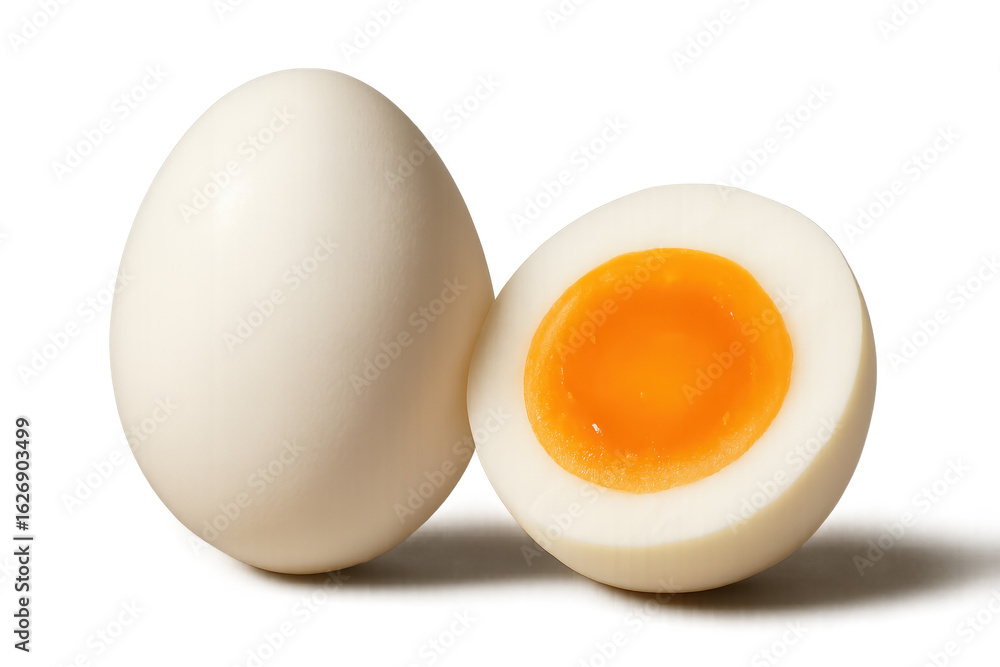 Whole and halved boiled egg showing its yolk on transparent background Whole and halved boiled egg showing its yolk on transparent background