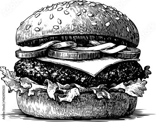 Illustrated classic hamburger with lettuce and cheese in black and white. Vector illustration