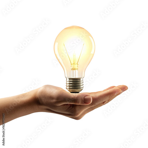 3D Illustration of Hand Holding Glowing Light Bulb - Isolated on White Background