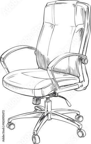 Sketch of an ergonomic office chair with wheels in black and white illustration. Vector illustration