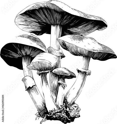 Detailed black and white illustration of wild mushrooms, botanical art style. Vector illustration
