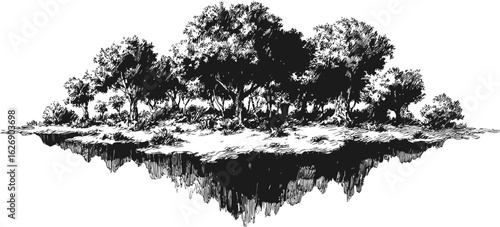 Floating island with dense forest in black and white illustration, fantasy world. Vector illustration