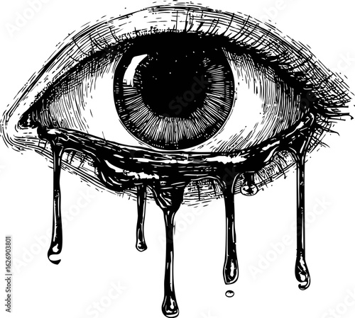 Ink-drawn eye with tears dripping in monochrome sketch style. Vector illustration