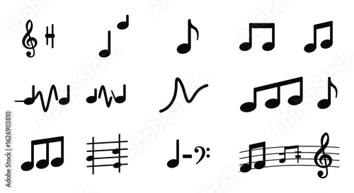 Collection of hand drawn musical notes and symbols on a white background