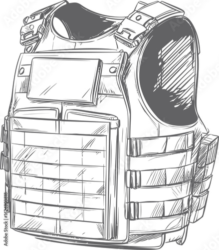 Illustration of a tactical body armor vest in sketch style, detailed design. Vector illustration