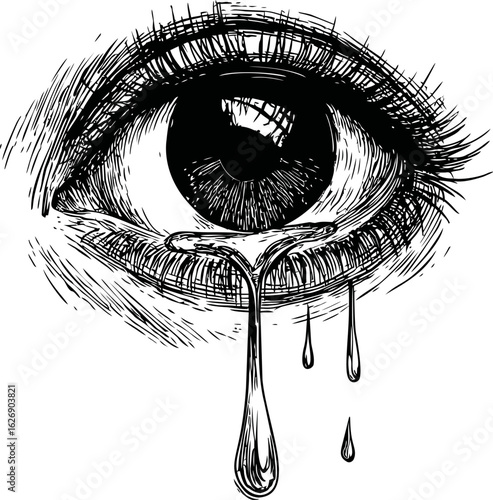 Monochrome sketch of a crying eye with dripping tears, emotional concept art. Vector illustration