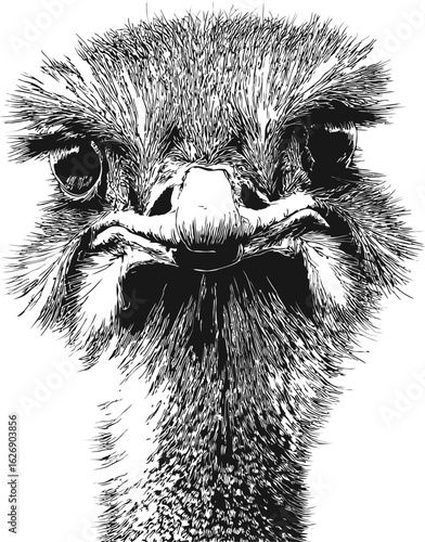 Detailed black and white illustration of an ostrich face close-up in vector art. Vector illustration