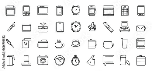 Collection of Minimalist Office and Daily Life Icons in Black and White Line Art Style for Design Projects