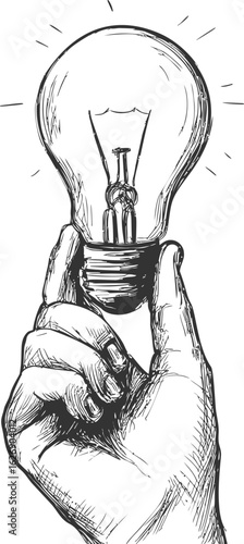 Hand holding a light bulb in vintage sketch style illustration of creativity. Vector illustration