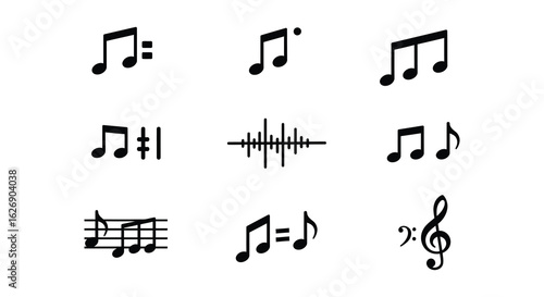 Collection of black musical notes and symbols on a white background