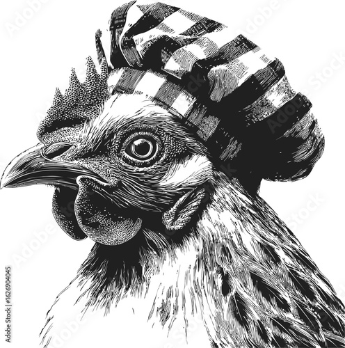 Black and white rooster wearing a checkered chef hat, vintage sketch. Vector illustration