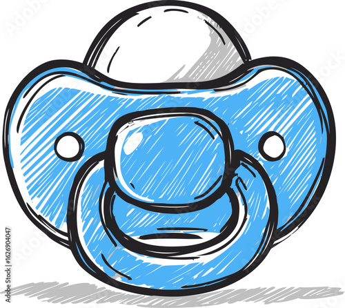 Blue and white baby pacifier sketch with detailed outline. Vector illustration