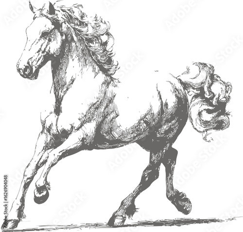 Galloping horse sketch with flowing mane and tail in black and white illustration. Vector illustration