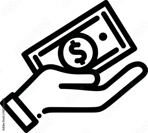 Hand holding a money bill with a dollar symbol in black and white style. Vector illustration