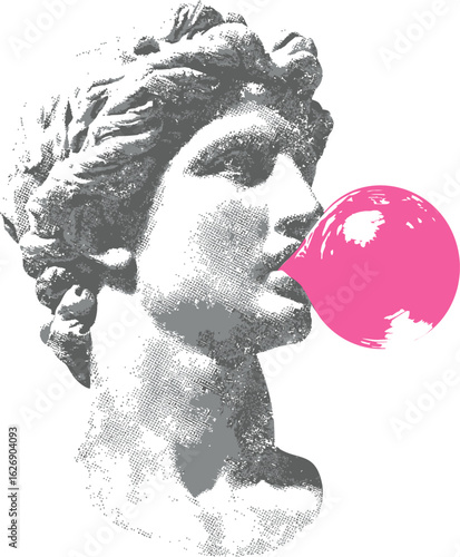 Classical marble statue blowing a pink bubblegum in grayscale artwork. Vector illustration