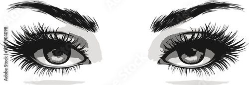 Monochrome illustration of expressive eyes with thick eyelashes and bold eyebrows. Vector illustration