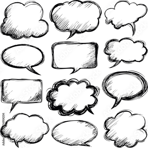 Black and white hand-drawn speech bubbles of various shapes and sizes, illustration. Vector illustration