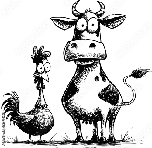 Cartoon cow and rooster with surprised expressions in black and white drawing. Vector illustration