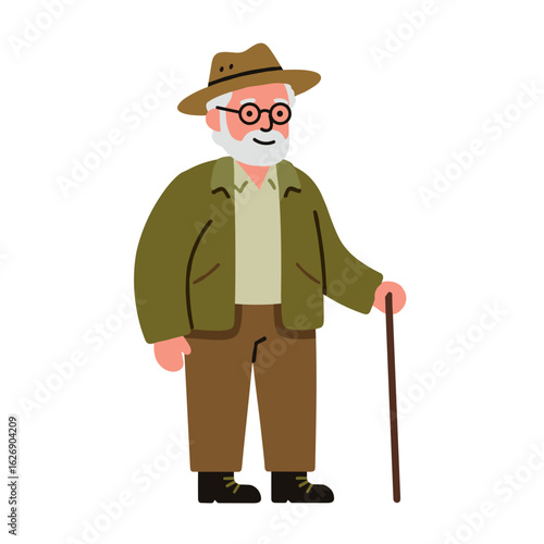Elderly man smiling while standing with cane and wearing hat  