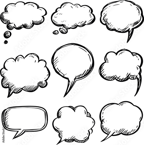 Hand-drawn speech and thought bubbles in black and white sketch style illustration. Vector illustration